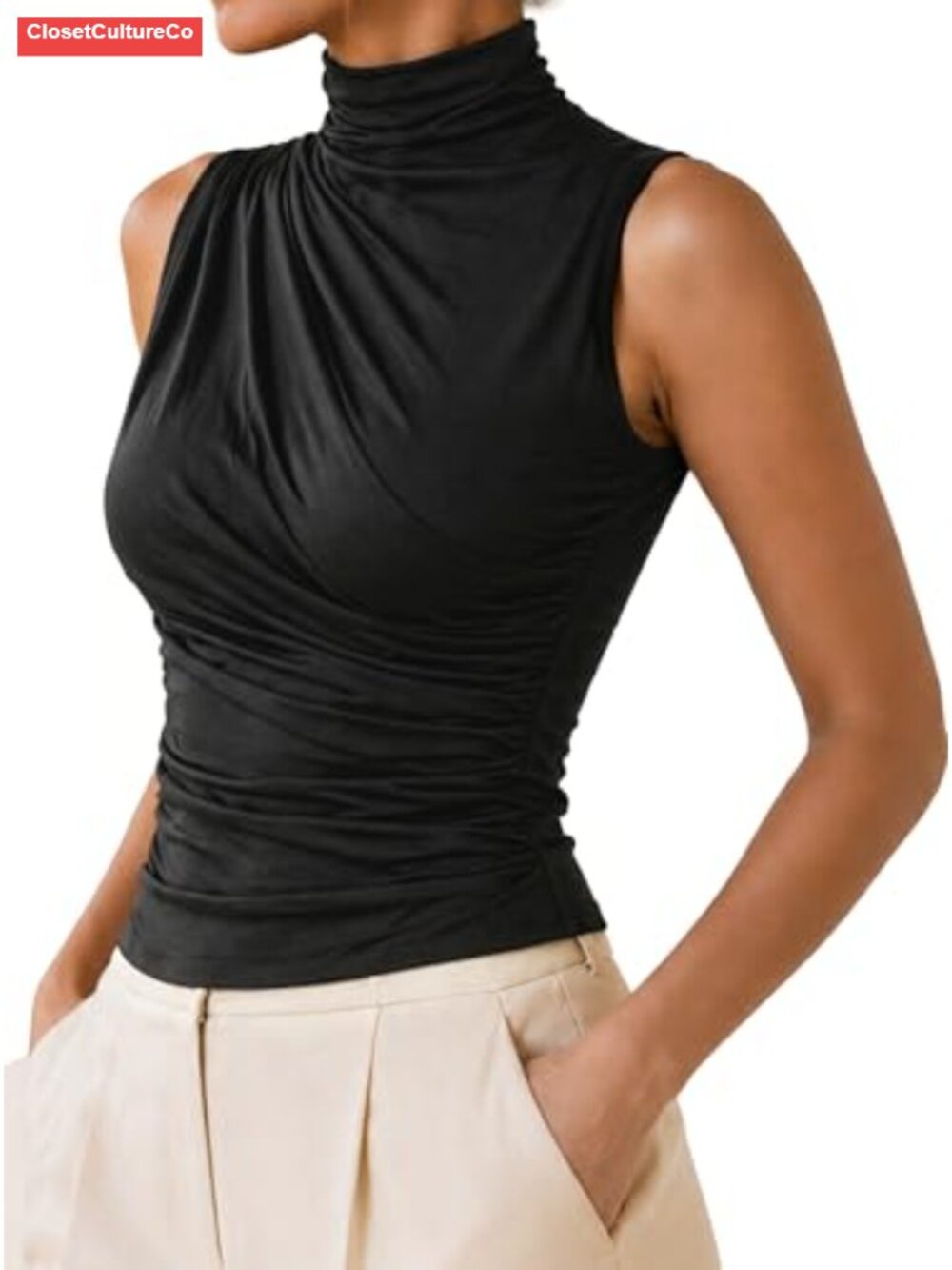 Sleeveless Mock Neck Ruched Tank Top Slim Fit